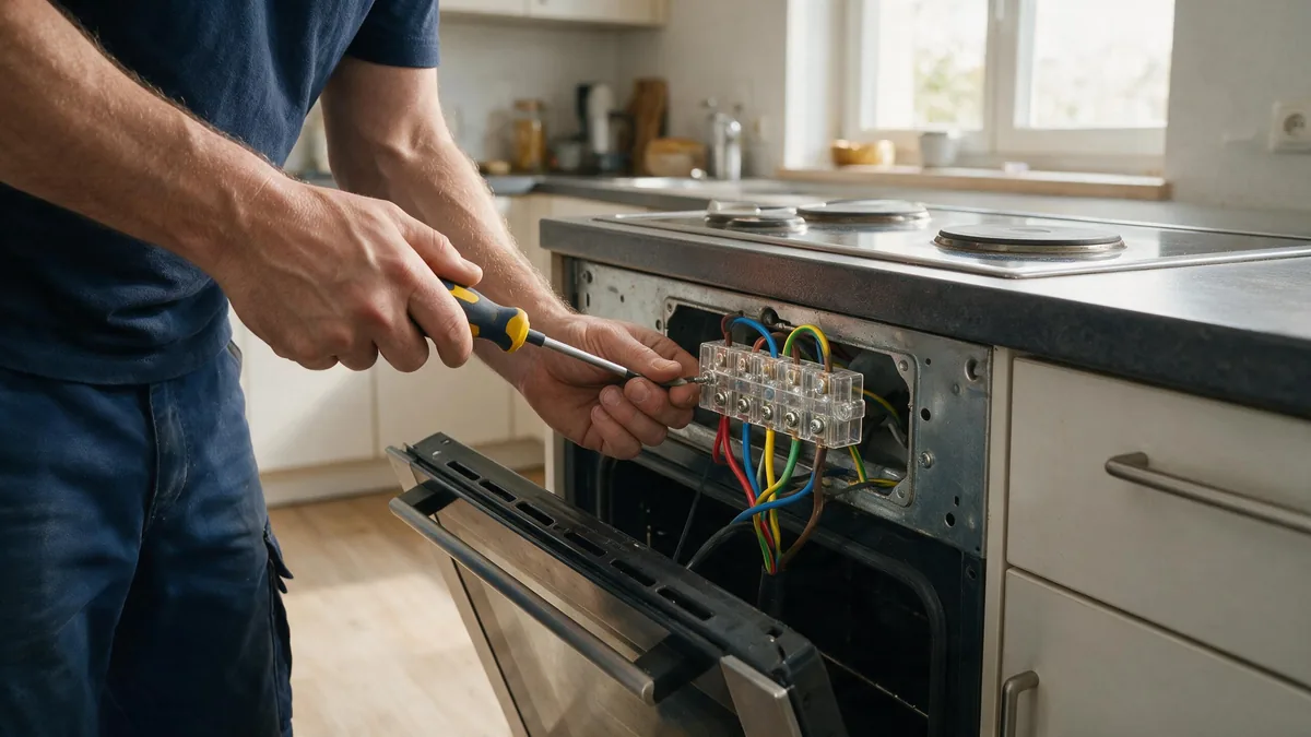 Elektriker schließt einen Elektroherd an eine fünfadrige Anschlussklemme an