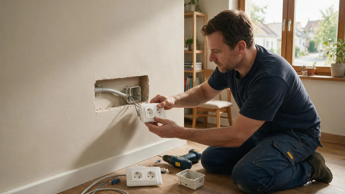 Elektriker rüstet eine neue Unterputz-Doppelsteckdose in einer Wand nach