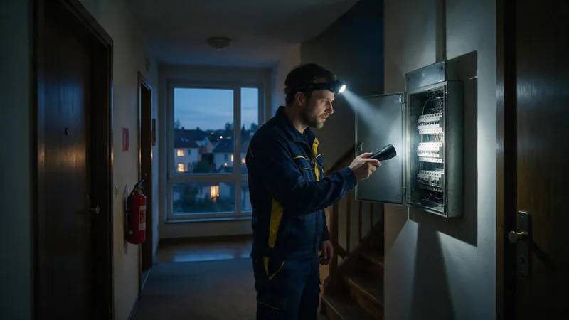 Elektro-Notdienst Mainz Elektro-Notdienst Mainz — Elektriker prüft nachts einen Sicherungskasten